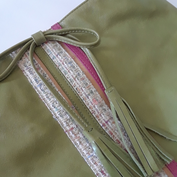 Vintage Y2K Genuine Leather Boho Green and Pink Tassel Handbag - Picture 4 of 7